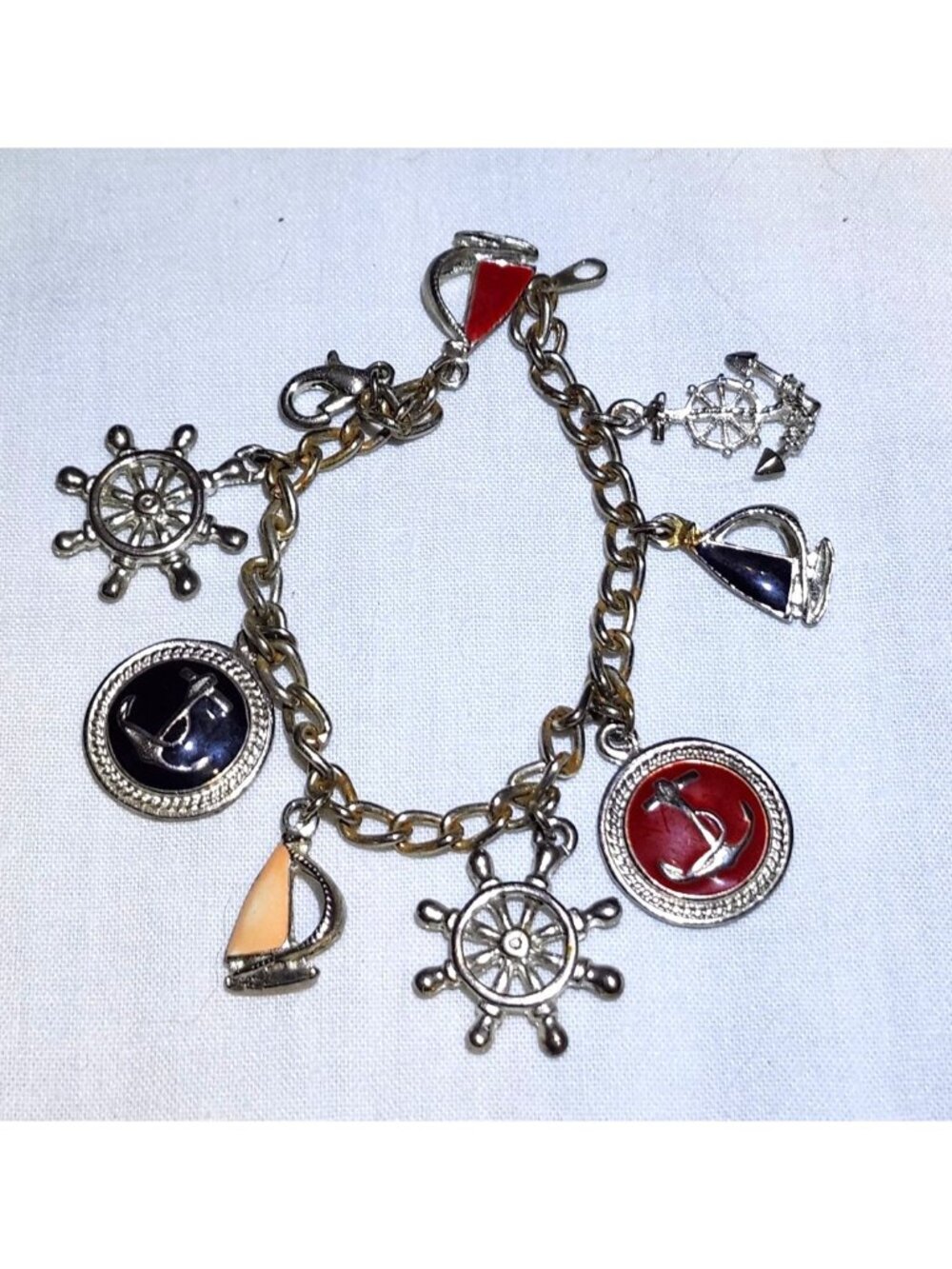 Vintage Nautical Charm Bracelet Enameled Silver ToneCharms Beach-Themed Jewelry - Picture 2 of 5